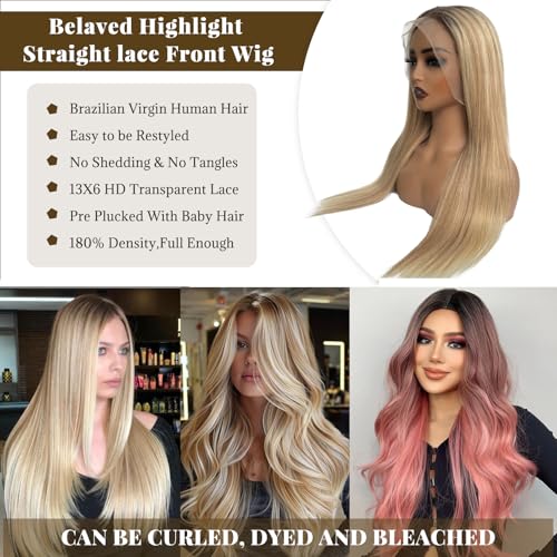 Image of 28 Inch Highlight Blonde Lace Front Wigs Human Hair 13x6 HD Transparent Glueless Wigs Human Hair for White Women Ombre Brown with Bleach Blonde Straight Lace Frontal Wig Pre Plucked 180% Density