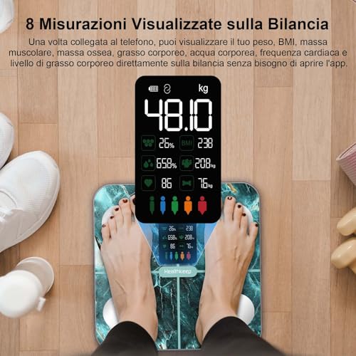 Bilancia per il grasso corporeo, bilancia per persone con grasso corporeo e massa muscolare, 15 dati del corpo con analisi del grasso corporeo, bilancia intelligente con app, ampio display, verde - Immagine 2