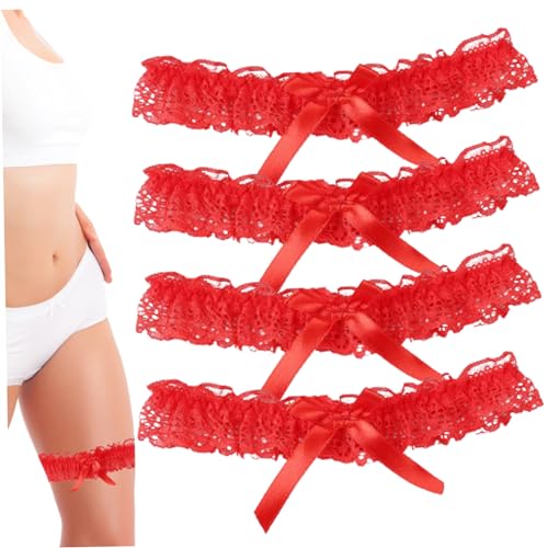 Ligas para Novias 4 Piezas Pajarita Liga Negra Liga de Encaje Elástico Liga de Boda Hueca Liga de Pierna Sexy para Fiestas, Bailes, Aniversarios Rojo