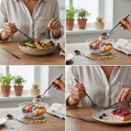 Image of Slim Handle Black 8 Pcs Stainless Steel Cutlery Set for Dining Table, Dishwasher Safe Glossy Flatware (2 Spoon Set+2 Forks Set+2 Butter Knife+2 Dessert Spoon)