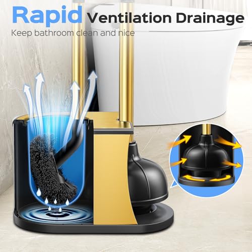 Image of HAMITOR Toilet Plunger and Brush Set: 2 in 1 Stainless Steel Combo with Curved Bristles - Heavy Duty Toilet Unclogging for Family Bathroom - Compact Hideaway Apartment Cleaning Accessories - Gold
