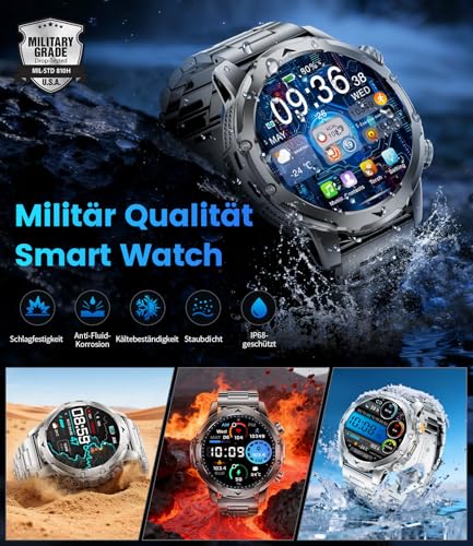 Smartwatch Herren mit 1000mAh Akku für Android iOS, 1,53" HD Großes Touchscreen Militär Smart Watch mit 24H Herzfrequenz/110 Sportmodi… – Ansicht 3