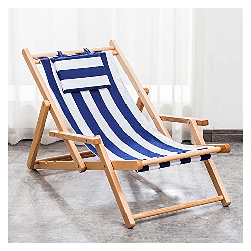 MESURG Bambusklappsiegel Stuhl mit Armen und Kopfkissen, hölzerne Deckstuhl Strandstuhl Gartenliege, Outdoor Klappbare Strandstuhl mit Leinwand, for Balkon Innenhof (Color : Blue)