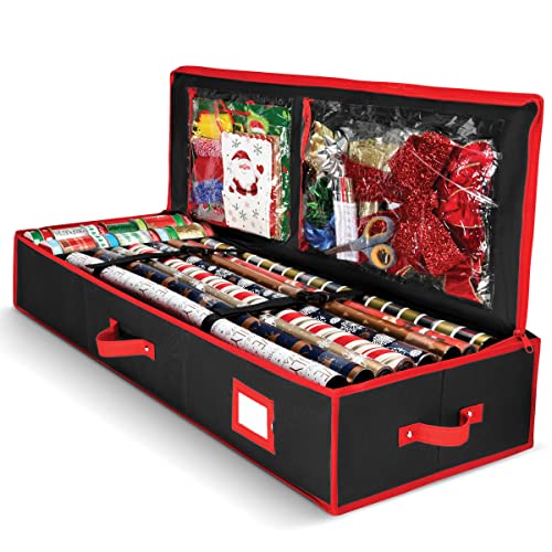Homior Gift Wrap Organizer, Christmas Wrapping Paper Storage Bag W/Useful Pockets For Xmas Accessories, Fits Upto 24 Rolls, Underbed Storage For Holiday Decorations, Large Capacity Storage Box #TOP16