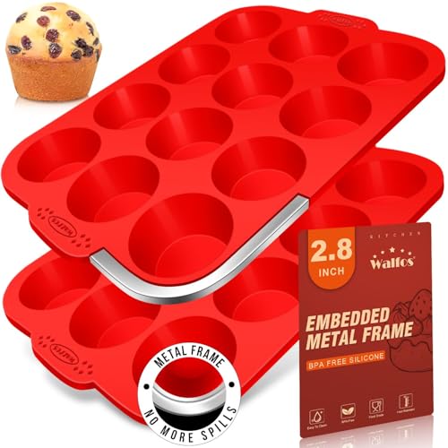 Walfos Silicone Muffin Pan with Metal Frame, 2.8 Inch Regular Size Silicone Cupcake Pan Muffin Tin, Non-Stick 12 Cups Egg Bites Molds for Baking, BPA Free, Dishwasher Safe, 2 Pack