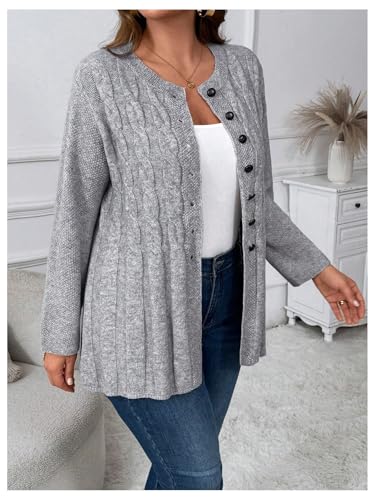 OYOANGLE Women's Plus Size Cable Knit Button Down Cardigan Sweater Crew Neck Knitted Outerwear Coats2