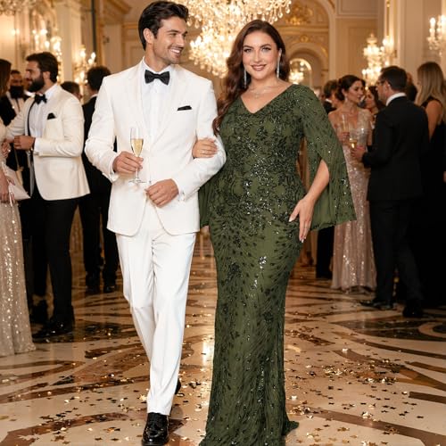 Image of Plus Size Formal Dresses for Women with Embroidery Sequin and Cape Sleeve, V-Neck Maxi Dress for Wedding and Party