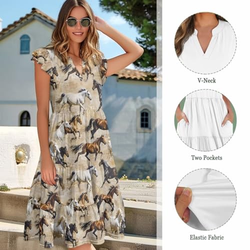 Image of Women's Casual Ruffle Sleeve Dress V Neck Pullover Dress Flowy A-Line Pleated Lightweight Dress with Pockets