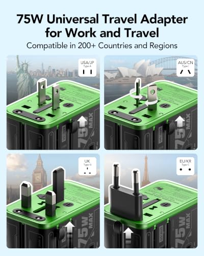Image of MFish 75W Universal Travel Adapter, 5-Port International Power Adapter with Retractable USB-C Cable, 3 USB-C & 1 USB-A + AC Outlet, Worldwide Wall Charger for MacBook, iPhone, iPad, EU /UK /US /AUS Black