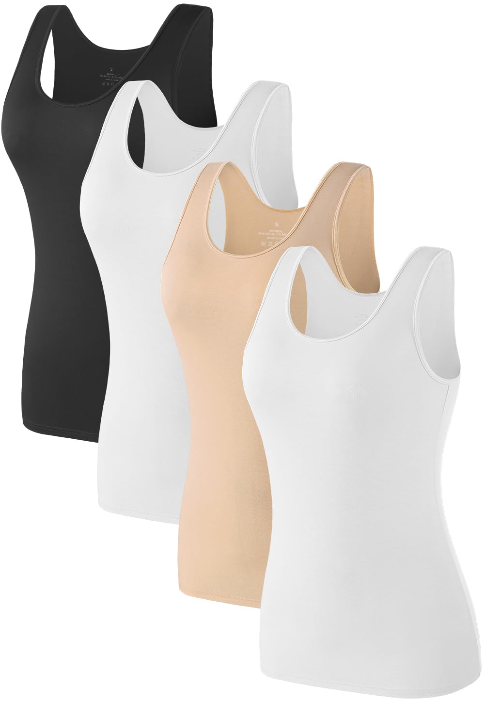 Komfokore 4pcs Tank Tops für Damen ärmelloses Unterhemd Schichtung Tanks Schwarz/Weiß/Dunkelhäutig/Weiß L
