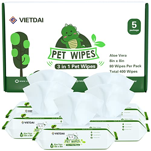 VIETDAI Toallitas Higiene para Perros y Gatos 400 Toallitas Limpieza Hipoalergenicas Mascotas Toallitas Aseo Perro con Aloe Vera Sin Perfume para Patas Ojos Orejas y GlúTeos