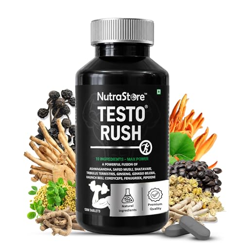 Image of NutraStore TestoRush | Testosterone Supplement for Men | Blend of 10 Powerful Herbs Including Ashwagandha, Safed Musli, Ginseng, Tribulus & Cordyceps | Energy Booster & Stamina Booster for Men | Daily Health Supplement | 120 tablets