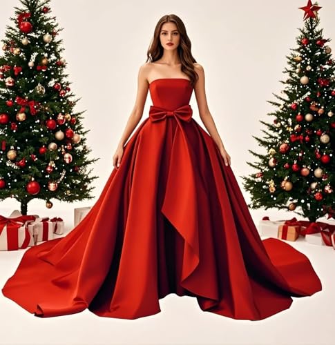 Satin Strapless Ball Gown 2025 Bow Bridesmaid Dress for Women Formal Flowy A-Line Hi-Lo Wedding Dress with Train3