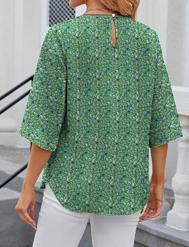 Mansy Womens Tops Dressy Casual Pleated Scoop Neck 3/4 Sleeve Summer Shirts Office Work Chiffon Blouses4