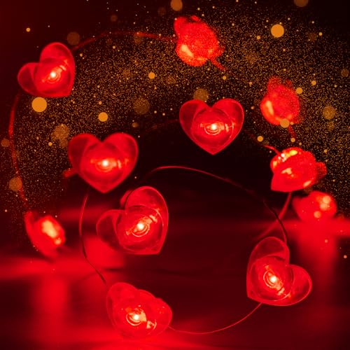 10FT Red Heart Fairy Lights Battery Operated with Timer for Mothers Day Decoration, LED String...