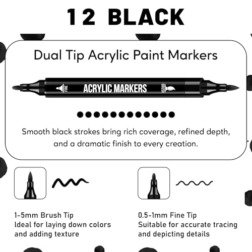 Image of Pagather Black Acrylic Paint Markers, 12 Pack Dual Tip with Fine Tip and Brush Tip Pens for Fabric, Stone, Wood, Canvas, Ceramic, Metal, Glass, Rock Painting, DIY Crafts