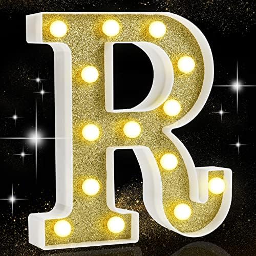 LED Marquee Letter Lights, Light Up Golden Alphabet Marquee Letters Sign Glitter Night Light Sign for Girls Gifts Birthday Wedding Christmas Party Bedroom Baby Shower Decorations, Gold R
