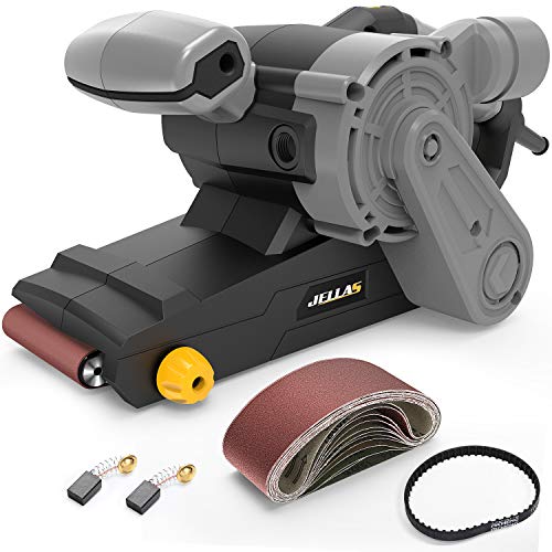 Levigatrice a Nastro Jellas, 12 Nastri Abrasivi 75 X 533MM, 6 Velocità 360-560 RPM, 1000W Levigatrice Elettrica con Contenitore Microfilter e 3m per Smerigliare, Sverniciare e Lucidare