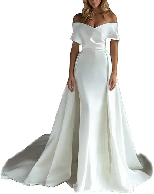 Robe de mariée en satin blanc longue pour cérémonie et soirée