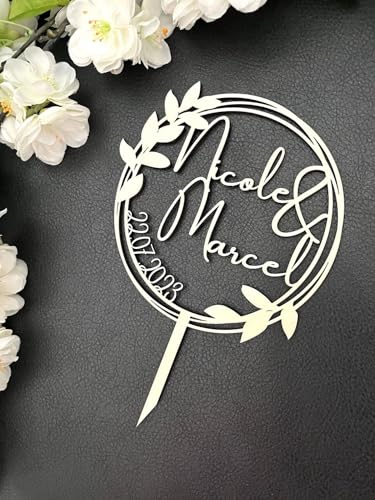 NoriKids Cake-Topper personalisiert & handgefertigt | Tortenstecker aus Holz | Tortendeko Hochzeit | Kranz mit filigranen Blättern & Namen | individuelle Hochzeitsdeko | personalisierte Geschenke