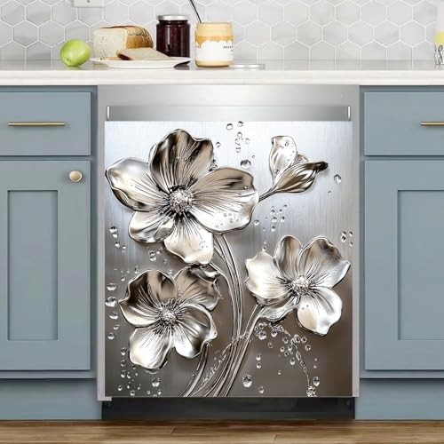 Image of HOMETITUTE Silver Flower Magnetic Dishwasher Cover 23x26 Inch Embossed Water Drop Floral Panel Decorative Magnet Sticker for Kitchen Appliance Fridge Door Surface Wrap Modern Metal Art