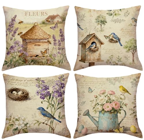 JAERUE Vintage Flower Throw Pillow Covers Rustic Bird Floral Cushion Cases Farmhouse Spring Summer Shabby Chic Home Decor Pillow Cases 18 x 18 Inch,4Pack for Sofa Couch Porch (Beige)
