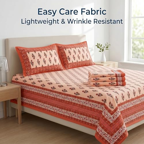 Image of Mafatlal 144 TC Heritage 100% Cotton Traditional Jaipuri Print Queen Size Bedsheet (90x108 Inches) with 2 Matching Pillow Covers - Flat, Garnet Red