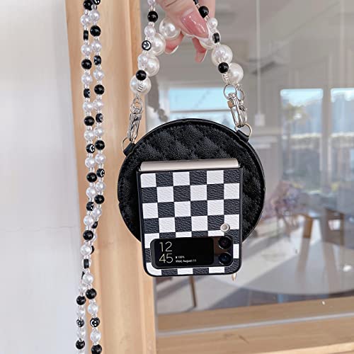 Yatchen For Samsung Galaxy Z Flip 3 Wallet Case,Cute Bear Chessboard Card Package Leather Phone Cases With Pearl Chain Lanyard Flip Shockproof Protector For Galaxy Z Flip 3 5G 2021 Women Girls #TOP4
