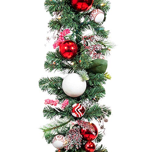[9 Foot Artificial Christmas Garland] - Nordic Collection - Red and White Decoration - Pre Lit with 100 Candy Cane Colored LED Mini Lights - includes Remote Controlled Battery Powered Timer