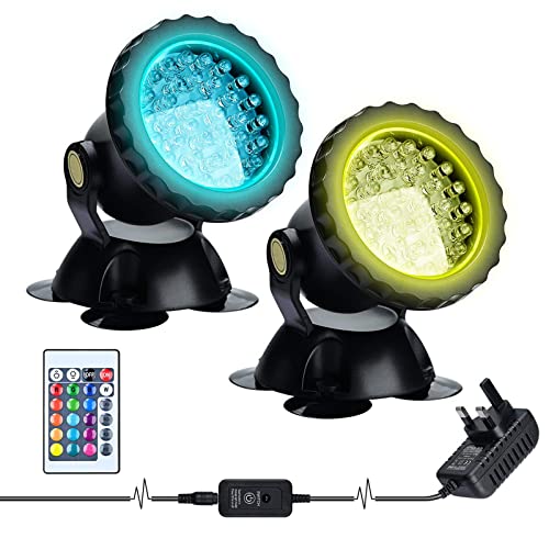 Lychee RGB Projecteur Aquarium,sous-Marine Eclairage Submersible pour Poisson, LED étanche IP68 Lampe Angle Réglable Lumière avec Télécommande pour Jardin Pond Piscine Fontaine (2 Pack)