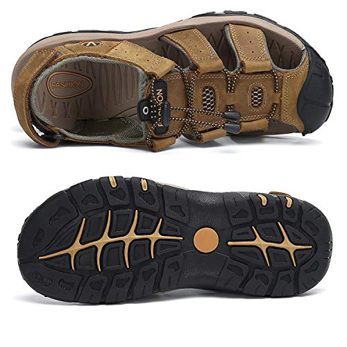 Flarut Men's Sport Sandals Outdoor Hiking Sandals Closed Toe Leather Athletic Lightweight Trail Walking Casual Sandals Water Shoes (A-Brown,41) #TOP5