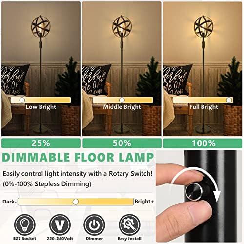 Stepeak Industrial Floor Lamp Shades Only, Dimmable Black Floor Lamps for Living Room Modern, 1-Light Globe Standing Lamp with Dimmer, Vintage Spherical Tall Lamps for Bedroom, Dining Room, E27, 162cm