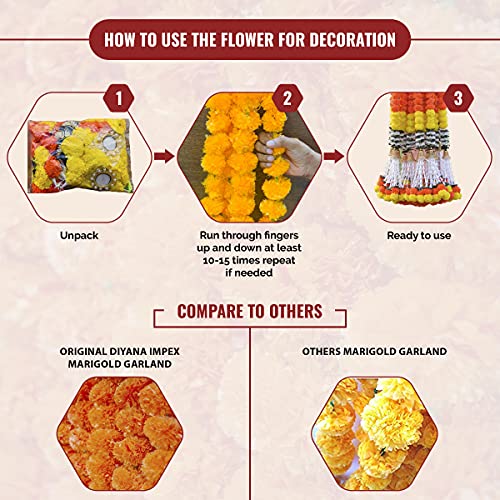 Diyana Impex Marigold Garland For Decoration 5 Feet Long Artificial Marigold Flowers 2 Pc, Christmas Decorations Indian Décor For Pooja, Wedding, Events, Diwali, Halloween Decor With 2 Diyas #TOP4