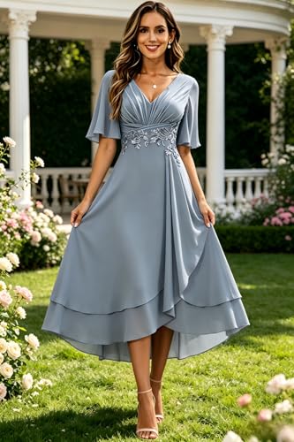 Image of Lace Applique Mother of Bride Dresses Chiffon Mother of the Groom Dresses Tea Length Formal Evening Dress with Sleeve