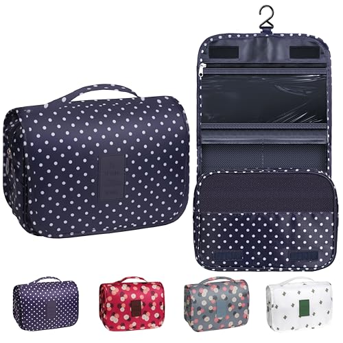 Image of Toiletry Bag Travel Bag with Hanging Hook for Women and Men,Navy Dot | Waterproof Small Capacity Hanging Multifunctional Makeup Bag for Toiletries, Portable Cosmetic Bag Travel Organizer