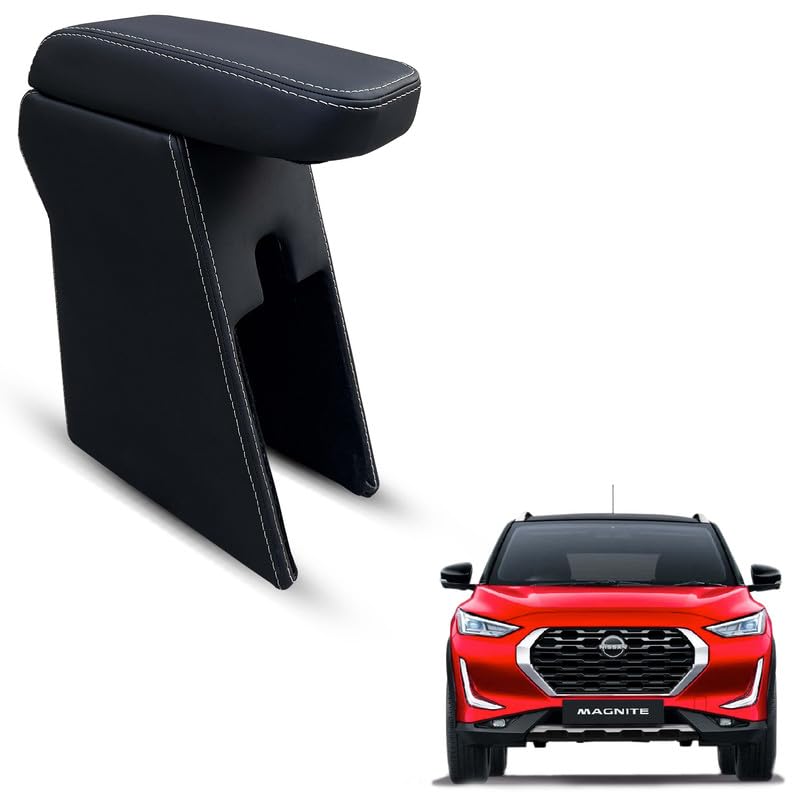 Image of Carigiri Premium Finish Car Armrest with Storage Box And High Density Moulded Foam For Nissan Magnite (Models-2020-2025) (White Seam,Nappa Leatherette)