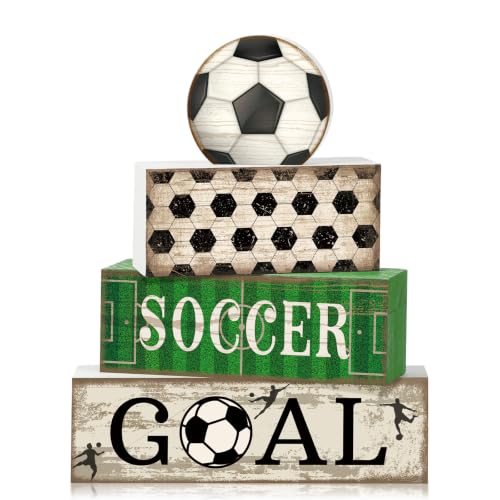 Image of Moucuny 4 Pcs Soccer Party Decorations Soccer Table Centerpiece Football Tiered Tray Decor Wooden Ball Block Signs Gift Sports Themed Table Decorations for Boys Baby Shower Party Supplies Decor