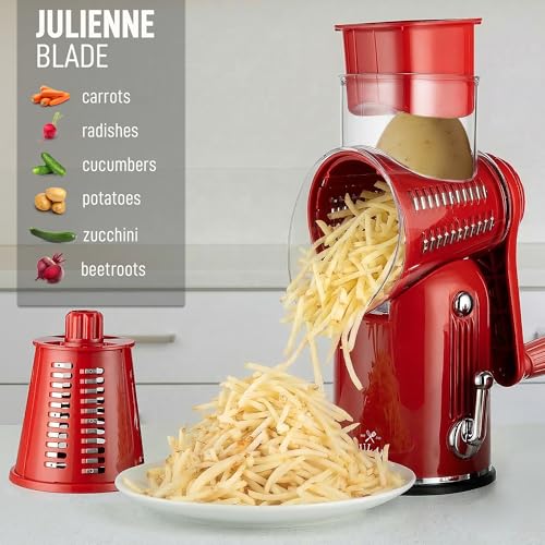 Image of Zulay Kitchen Rotary Cheese Grater 5 Blade Cheese Shredder - Manual Hand Crank Cheese Grater With Reinforced Suction & 5 Interchangeable Drums - Easy to Use, Vegetable Chopper Round Mandoline Slicer