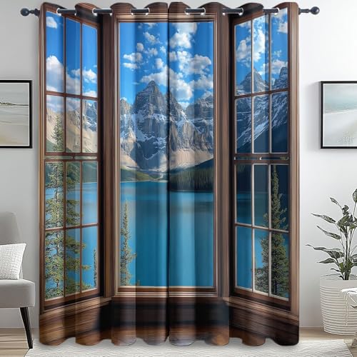 Genérico Cortinas Opacas con Ojales Paisaje Montañas Lago impresión, Azul Marrón Suave Termica Aislante reducción de Ruido Cortinas, para salón Dormitorio 140An x 280Al cm (2 Paneles)