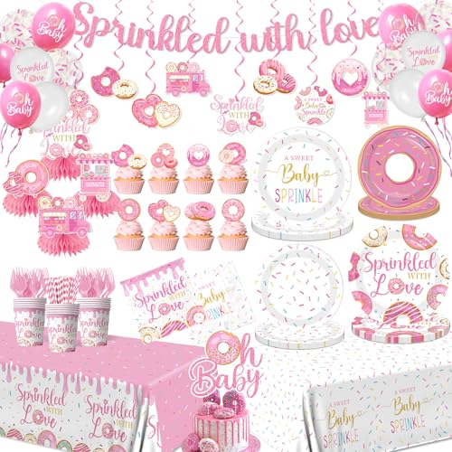 Baby Sprinkle Decorations for Girl Sprinkled with Love Baby Shower Supplies Donut Plates Napkins Cups Tablecloth Banner Cake Topper Honeycomb Centerpieces for Pink Donut Baby Shower Decorations