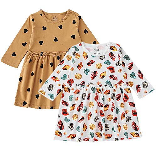 Zanie Kids Baby Girl Spring Long Sleeves Onepiece Set Cute Print Soft Toddler Dresses Outfit 2-Pack, Point & Conch, 18-24 Months