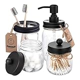 SYNYEY Mason Jar Accesorios Baño Incluye Dispensador Jabón Mano Mason Jar Y Soporte Qtip Tarros Botica para Decoración Granja Rústica Encimera Baño Y Organizador