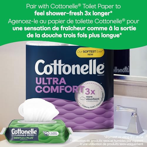 Cottonelle GentlePlus Flushable Wet Wipes with Aloe & Vitamin E, Adult Wet Wipes, 8 Flip-Top Packs, 42 Wipes per Pack (336 Total Flushable Wipes) by Cottonelle - Image 7
