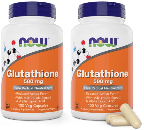 Now Glutathione 500 mg 100 Vegan Capsules (Pack of 2) - Reduced Form GSH Supplement - Enhanced with Milk Thistle Extract and Alpha Lipoic Acid