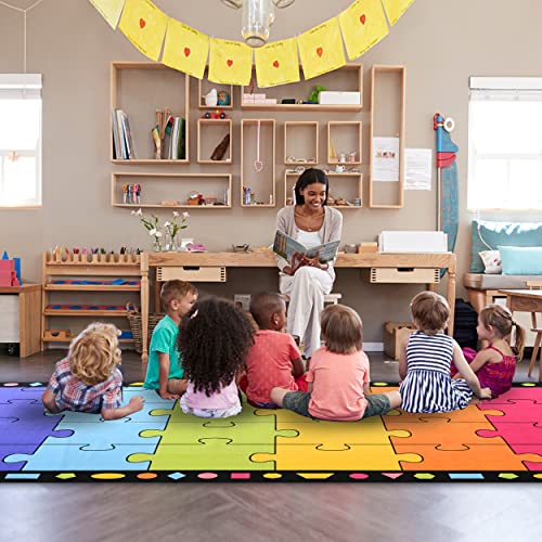 Image of Booooom Jackson Classroom Rug Rainbow - 7.5 ft x 13 ft, Seats 24, Vibrant Colors, Non-Slip Nylon Floor Mat for Daycare Preschool Kindergarten