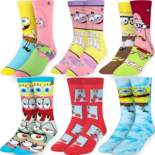 Odd Sox Sponge Bob Squarepants 6-Pack Novelty Crew Sock Bundle Size Large Mens 812 / Womens 9.513.5 Tv Cartoon Fan Gift Durable Knit Comfort