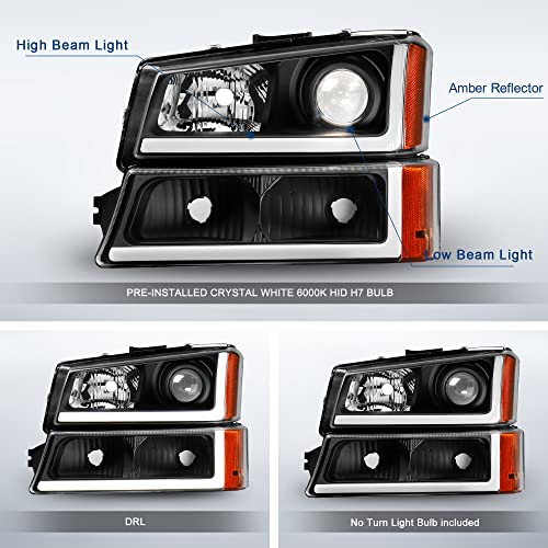 Mostplus Projector Headlight Assembly Compatible With 2003-2006 Chevy Silverado/Avalanche 1500/2500 Front Lamp With Led Drl/Pre-Installed Halogen H7 Bulb-Black Housing/Clear Lens/Amber Reflector #TOP1
