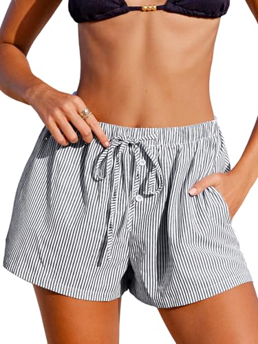 CUPSHE Women's Summer Shorts Striped Elastic High Waist Wide Leg Cover Ups Boxer Shorts with Pockets
