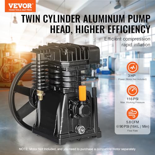 VEVOR Pompkop voor luchtcompressor, 3 pk, 5,8 CFM bij 90 psi, 2-cilinder luchtcompressor pompkop met een druk van max. 116 psi, pompkop debiet 164 l/min - Afbeelding 3