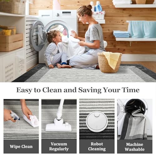 GarveeHome Machine Washable Rugs 5x7 Rugs for Bedroom Living Room, Modern Border Solid Rug Non-Slip Stain Resistant Neutral Accent Carpet for Dining Room Table Apartment Office Grey